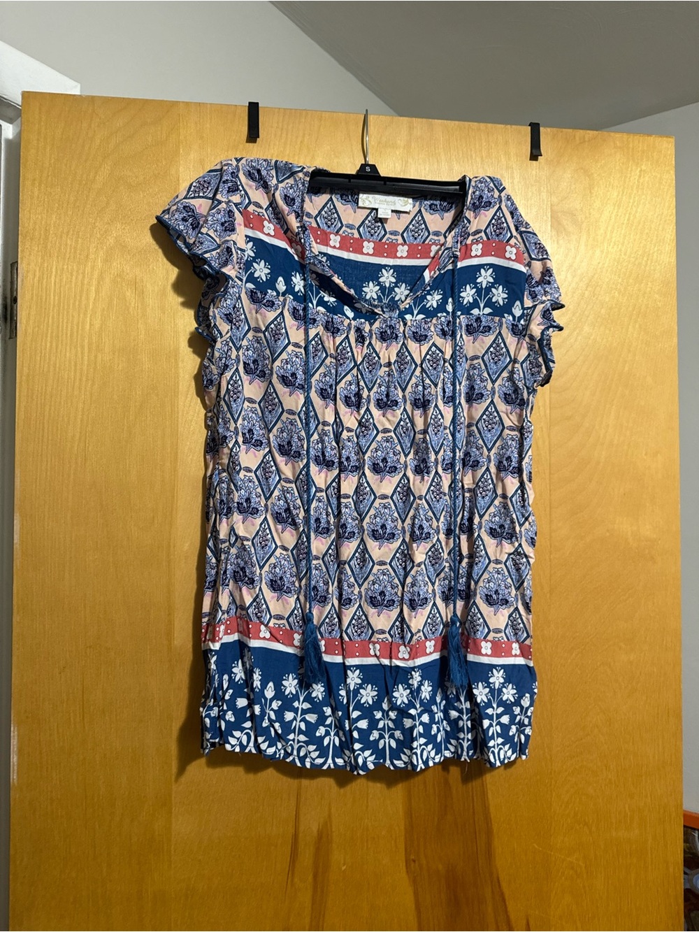 Suzanne Betro Navy & Peach Printed Boho Short Sleeve Blouse